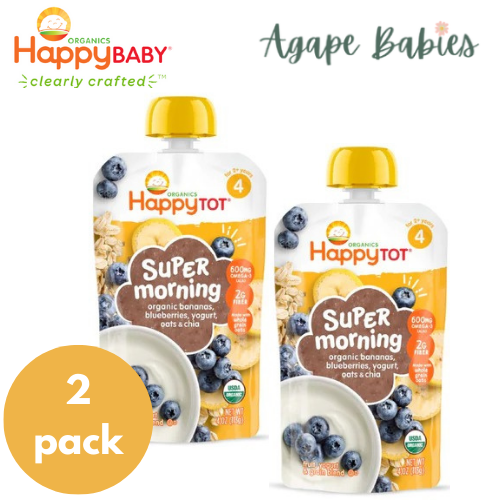 [2 Pack] Happy Baby Happy Tot Super Morning Banana, Blueberry, Yogurt  Oats Super Chia, 113 (2 PACK BUNDLE) Exp: 06/26