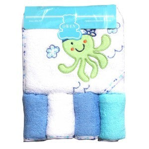Owen 5pc Starter Hooded Towel & Washcloth Set 30 x 30" - 100% cotton - 6 Designs