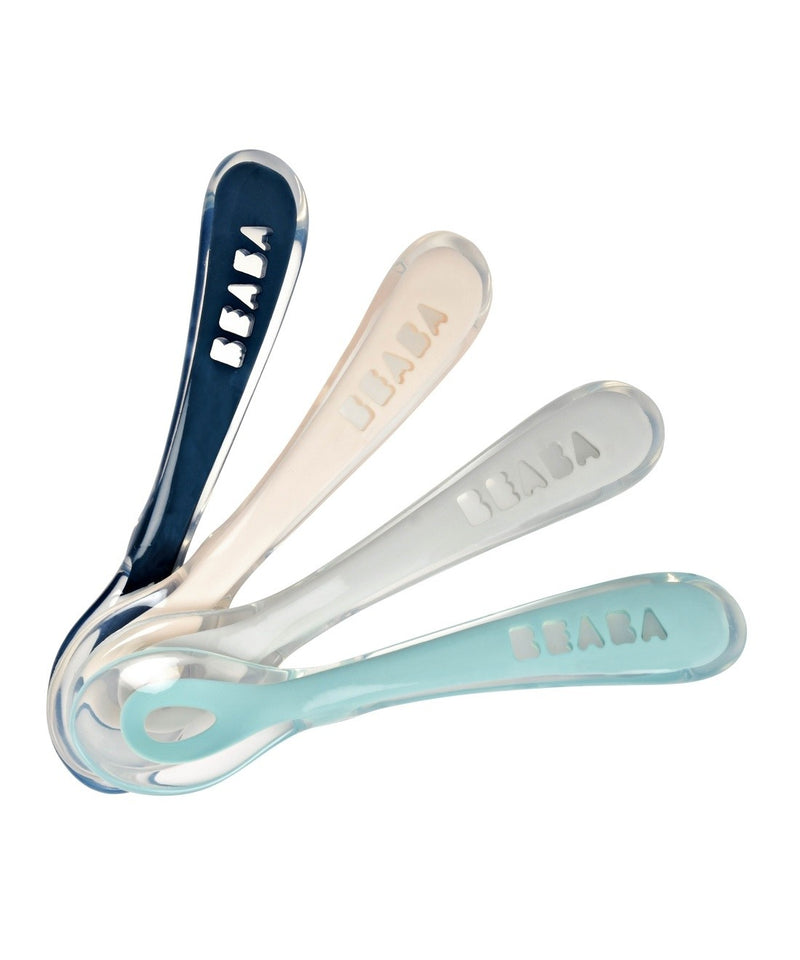 Beaba Set of 4 2nd Age Soft Silicone Spoons (Assorted colors DARK BLUE/PINK/GREY/LIHGT BLUE)