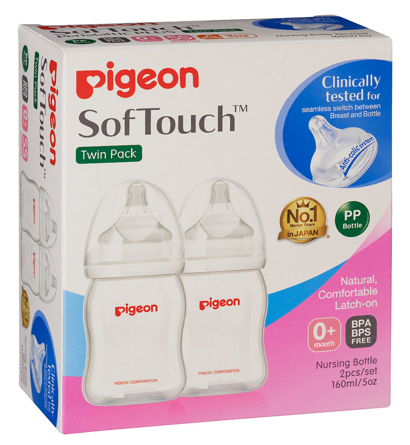 Pigeon SofTouch™ Peristaltic PLUS PP Bottle, Twin Pack Wide Neck Nursing Bottle 160ml (SS Teat) 0m+