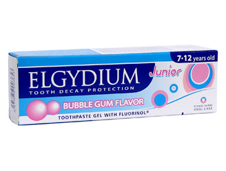 Elgydium Junior Bubble Gum 50ml Toothpaste - 100% Organic Flouride (7 Years Up) 1000ppm F-  (Paraben Free)  - FOC Elgydium Toothpaste travel size 7ml with every 4 tubes ordered  Exp: 04/23