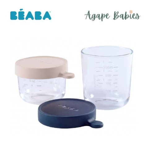 Beaba Set of 2 Glass Containers (1*150 ml Pink/1*250 ml Dark Blue)