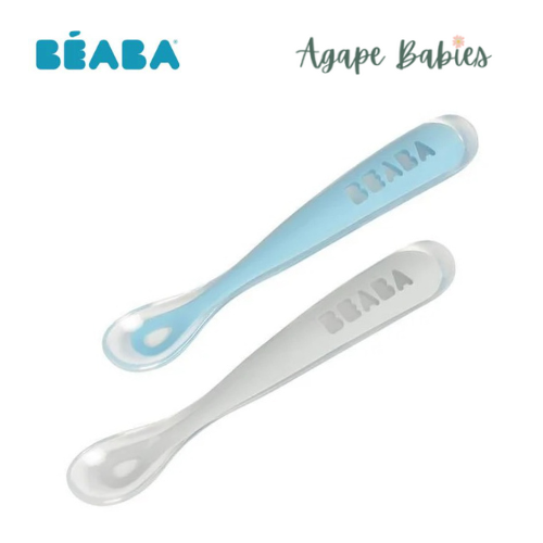 Beaba SET OF 2 silicone 1st age silicone spoon + Case (light Mist + Windy Blue)