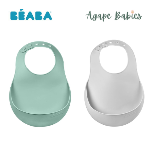 Beaba Set of 2 Silicone Bib - Sage Green/Light Grey