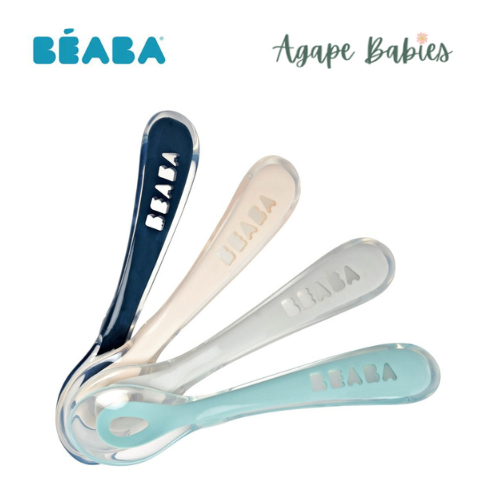 Beaba Set of 4 2nd Age Soft Silicone Spoons (Assorted colors DARK BLUE/PINK/GREY/LIHGT BLUE)