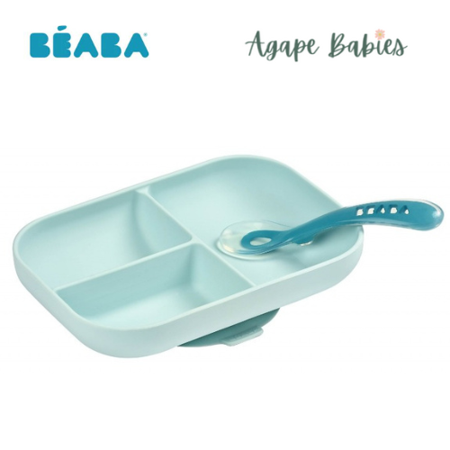 Beaba Silicone suction divided plate + 2nd age spoon - Blue