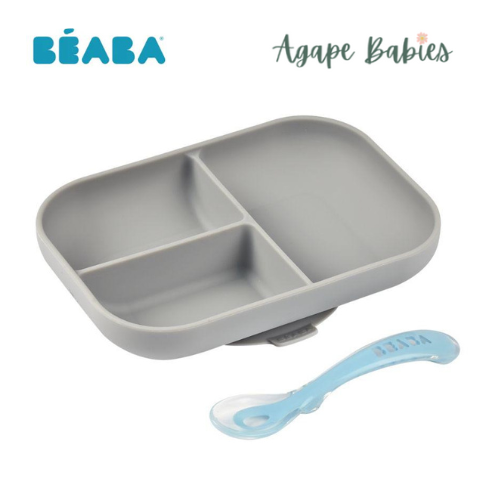 Beaba Silicone suction divided plate + 2nd age spoon - Grey