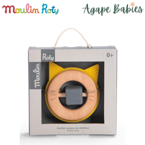 Moulin Roty Les Moustaches Cat Teething Ring Rattle