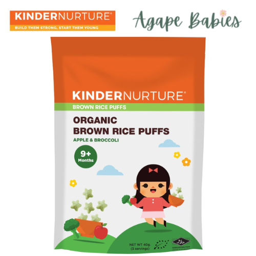 KinderNurture Organic Brown Rice Puffs 40g - Apple & Broccoli EXP: