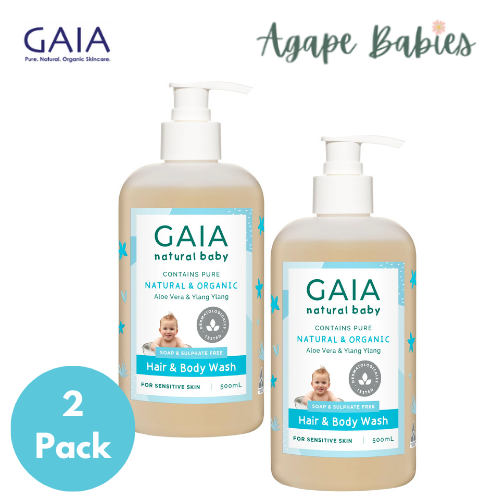 2 x GAIA Baby Hair & Body Wash 500ml + Pump Exp: 02/26 - FOC 2 X 50ml Travel Size bottles