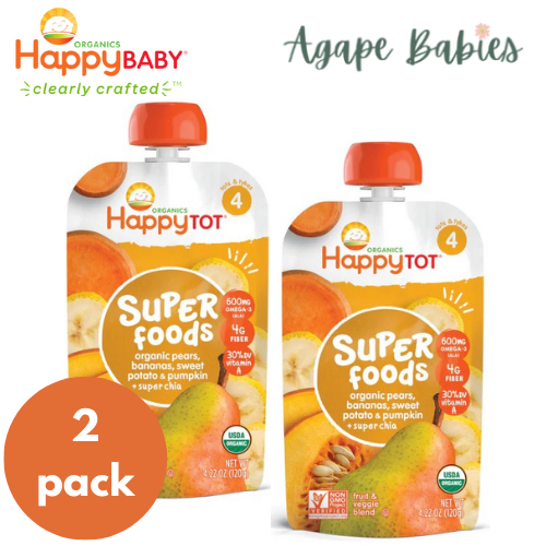 Happy Baby Happy Tot Organics Super Foods, Pears, Bananas, Sweet Potatoes & Pumpkin + Super Chia, 4.22oz/120g (2 PACK BUNDLE) Exp:11/23