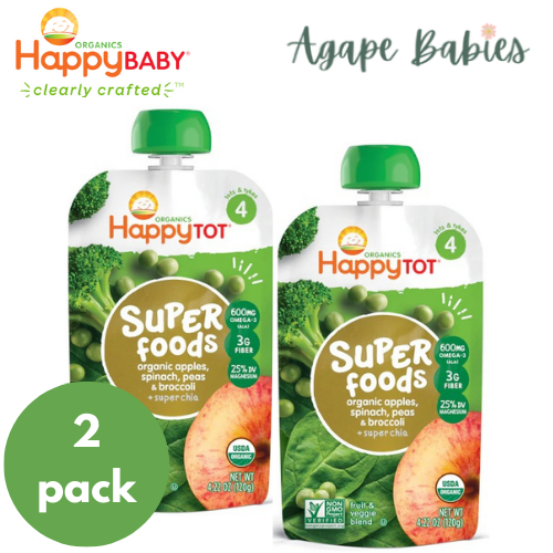 Happy Baby Happy Tot Super Foods - Organic Apple, Spinach, Peas & Broccoli + Super Chia 4.22oz/120g (2 PACK BUNDLE) Exp: 12/23