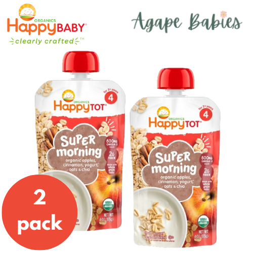 Happy Baby Happy Tot Super Morning - Apple, Cinnamon, Yoghurt & Oats + Super Chia, 4oz/113g (2 PACK BUNDLE) Exp: