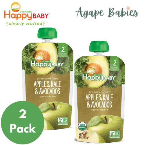 Happy Family Happy Baby Clearly Crafted, Organic Baby Food, Stage 2 (6+ months), Apples, Kale & Avocados, 4oz (2 PACK BUNDLE) Exp: 09/25