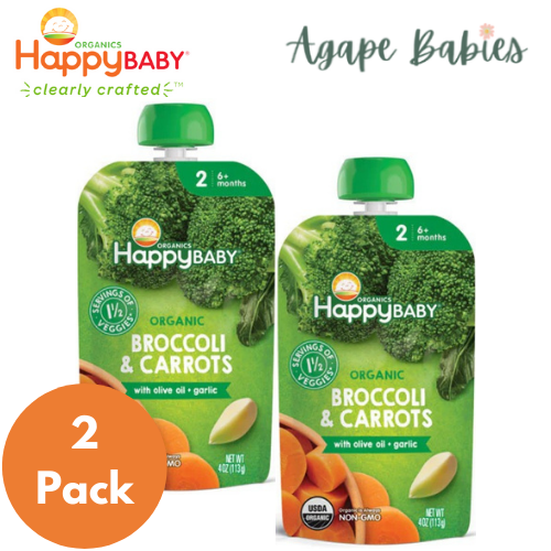 [2 Pack] Happy Baby Happy Family Happy Baby Organic Broccoli & Carrots with Olive Oil + Garlic, 113 g Exp: 06/25