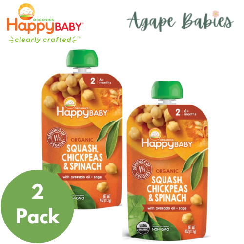 [2 Pack] Happy Baby Happy Family Happy Baby Organic Squash, Chickpeas & Spinach with Avocado Oil + Sage, 113 g Exp:03/25