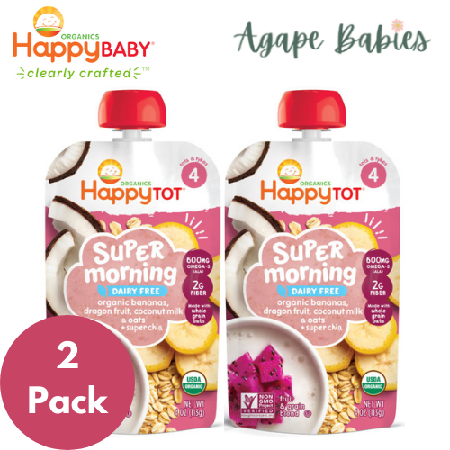 [2 Pack] Happy Baby Happy Family Happy Tot Spr Morning- Org Bananas, Dragon Fruit,Coconut Milk & Oats+ Super Chia, 113 g (For 2yr up) Exp: 02/25