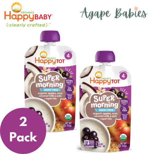 [2 Pack] Happy Baby Happy Family Happy Tot Super Morning - Organic Apples, Acai, Coconut Milk & Oats + Super Chia, 113 g (For 2yr up) Exp: 04/25