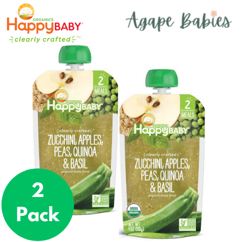 [2-Pack] Happy Baby Happy Family Happy Tot Clearly Crafted Meals - Zucchini Apples Peas Quinoa & Basil, 113 g. Stage 1 (For 6m up) Exp: 02/23