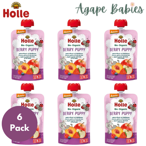 (Bundle of 6) Holle Organic Pouch - Berry Puppy - Apple & Peach with Fruits of the Forest 100g - From 8 Months