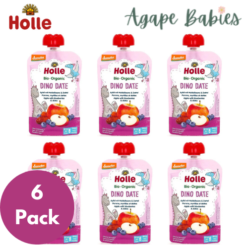 (Bundle of 6) Holle Organic Pouch - Dino Date - Apple with Blueberries & Dates 100g - From 6 Months