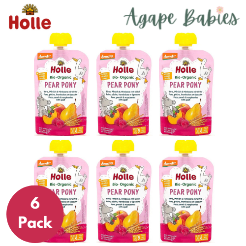 (Bundle of 6) Holle Organic Pouch - Pear Pony - Pear, Peach & Raspberries with Spelt 100g - From 8 Months