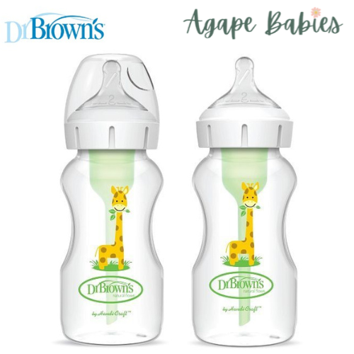 Dr Brown's 9oz/270 mL PP Wide-Neck Anti-Colic Options+ Baby Bottle, w/L2 Nipple, Giraffe, 2-pack