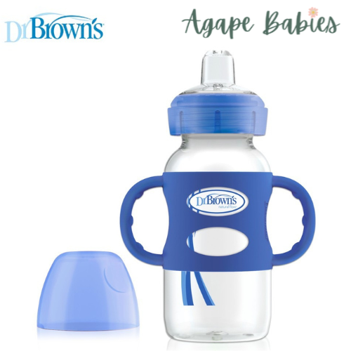 Dr Brown's 9oz/270ml PP WW "Options Compatible+" Sippy Spout Bottle W/ Silicon Handles, Blue