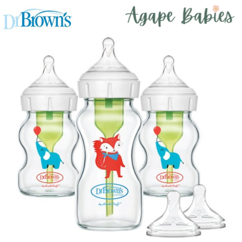 Dr Brown's Glass Anti-Colic Options+ Wide-Neck Baby bottle Gift Set, Elephant and Fox Decos