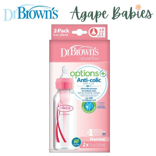 Dr. Brown's 8 Oz/250 Ml PP Narrow-Neck "Options" Bottle - Pink, 2-Pack