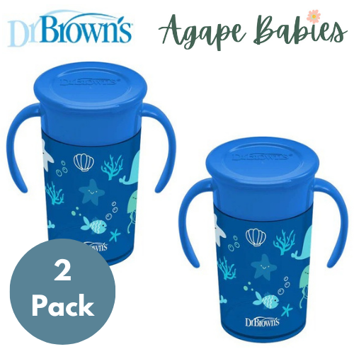 [ 2 Pack ] Dr Brown's 10oz/300Ml Cheers 360 Cup W/ Handles, 9M+ (Blue Ocean)