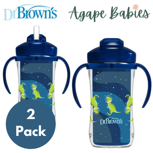 [ 2 Pack ] Dr Brown's 10oz/300Ml Insulated Straw Cup, 12M+ (Blue Deco)