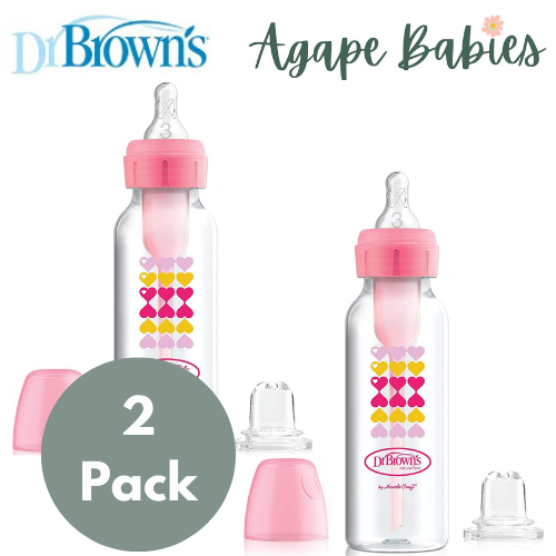 [Bundle of 2] Dr Brown's 8 oz/250 ml PP Narrow-Neck "Options+" Transition Bottle W/ Sippy Spout - Pink (1-Pack)