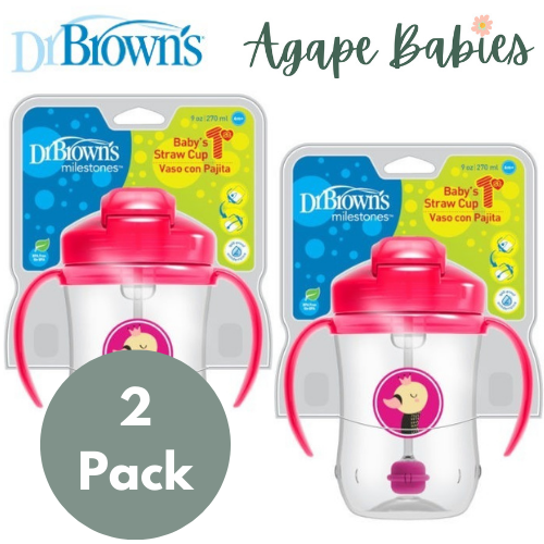 [Bundle Of 2] Dr Brown's 9 oz/270 ml Baby's First Straw Cup W/Handles - Pink (6m+)