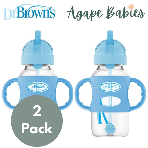 [Bundle of 2] Dr Brown's 9 oz/270 ml PP W-N Sippy Straw Bottle w/ Silicone Handles, Blue, 1-Pack