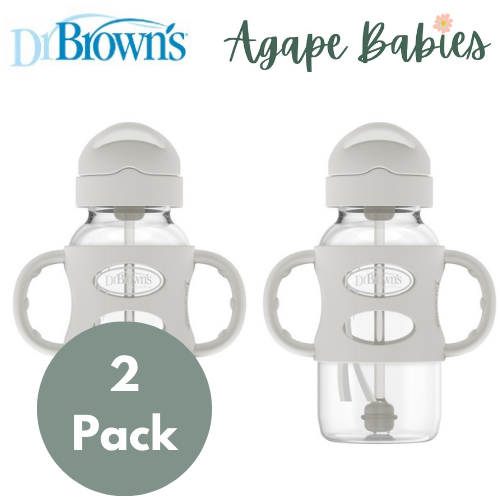 [Bundle of 2] Dr Brown's 9 oz/270 ml PP W-N Sippy Straw Bottle w/ Silicone Handles, Gray, 1-Pack