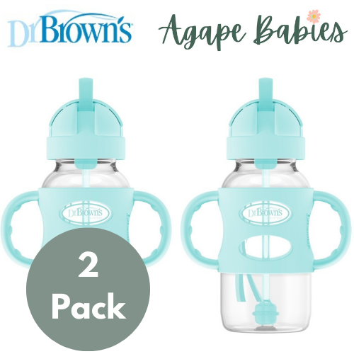 [Bundle of 2] Dr Brown's 9 oz/270 ml PP W-N Sippy Straw Bottle w/ Silicone Handles, Green, 1-Pack