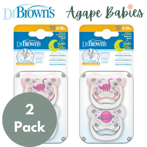 [Bundle Of 2] Dr. Brown's Prevent Glow-in-The-Dark Butterfly Shield Soother, Stage-2 (Pink) ,2-Pack