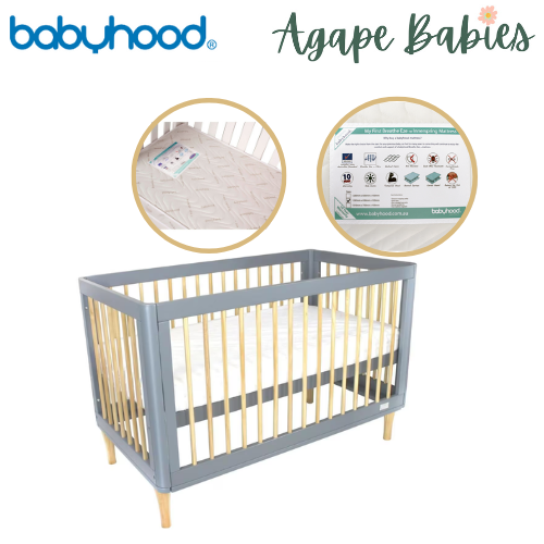 [FOC Assembly] (1 yr warranty) Babyhood Riya Cot 5-in-1 Beech/Grey + My First Innerspring - (Bundle Pack)