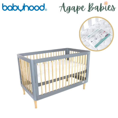 [FOC Assembly] (1 yr warranty) Babyhood Riya Cot 5-in-1 Beech/Grey + Breathe Eze Cot Mattress - (Bundle Pack)