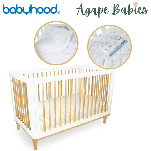 [FOC Assembly] (1 Yr Warranty) Babyhood Riya Cot 5-in-1 White/Beech + Breathe Eze Tm Standard Cot Mattress (Bundle)