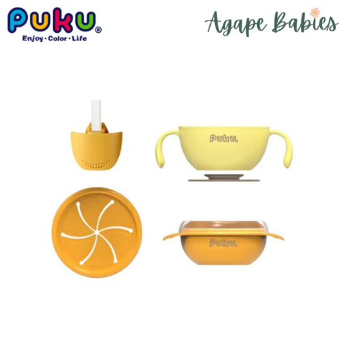 Puku 4pcs Set Suction Bowl (Yellow) + Spoon and Fork Set - Blue/Green (Bundle Pack)