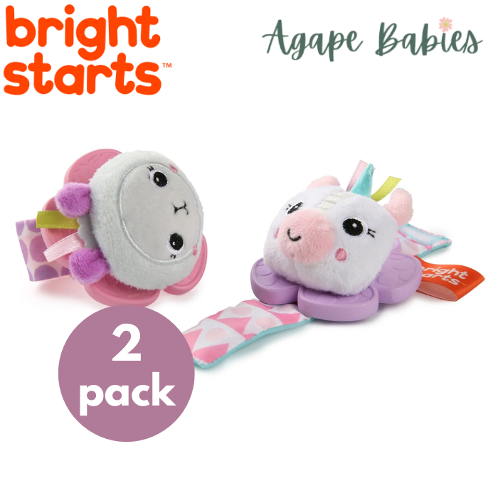 [2-Pack] Bright Starts Rattle & Teethe Wrist Pals Toy - Unicorn & Llama