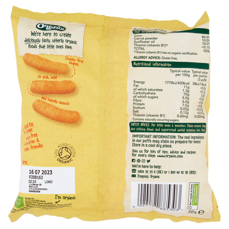 Organix Finger Foods Organic Melty Carrot Puffs, 20 g. Exp: 10/25