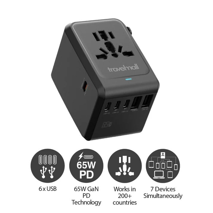 Travelmall GaN 65W PD High Performance  6 USB Travel Adaptor -2 Colors