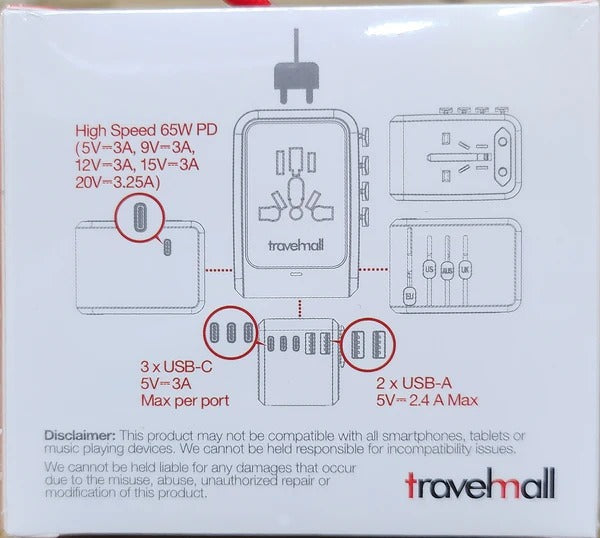 Travelmall GaN 65W PD High Performance  6 USB Travel Adaptor -2 Colors