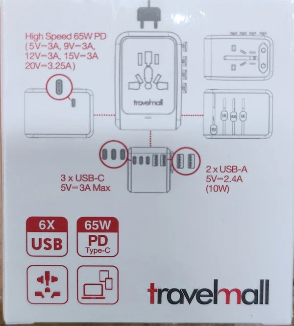 Travelmall GaN 65W PD High Performance  6 USB Travel Adaptor -2 Colors