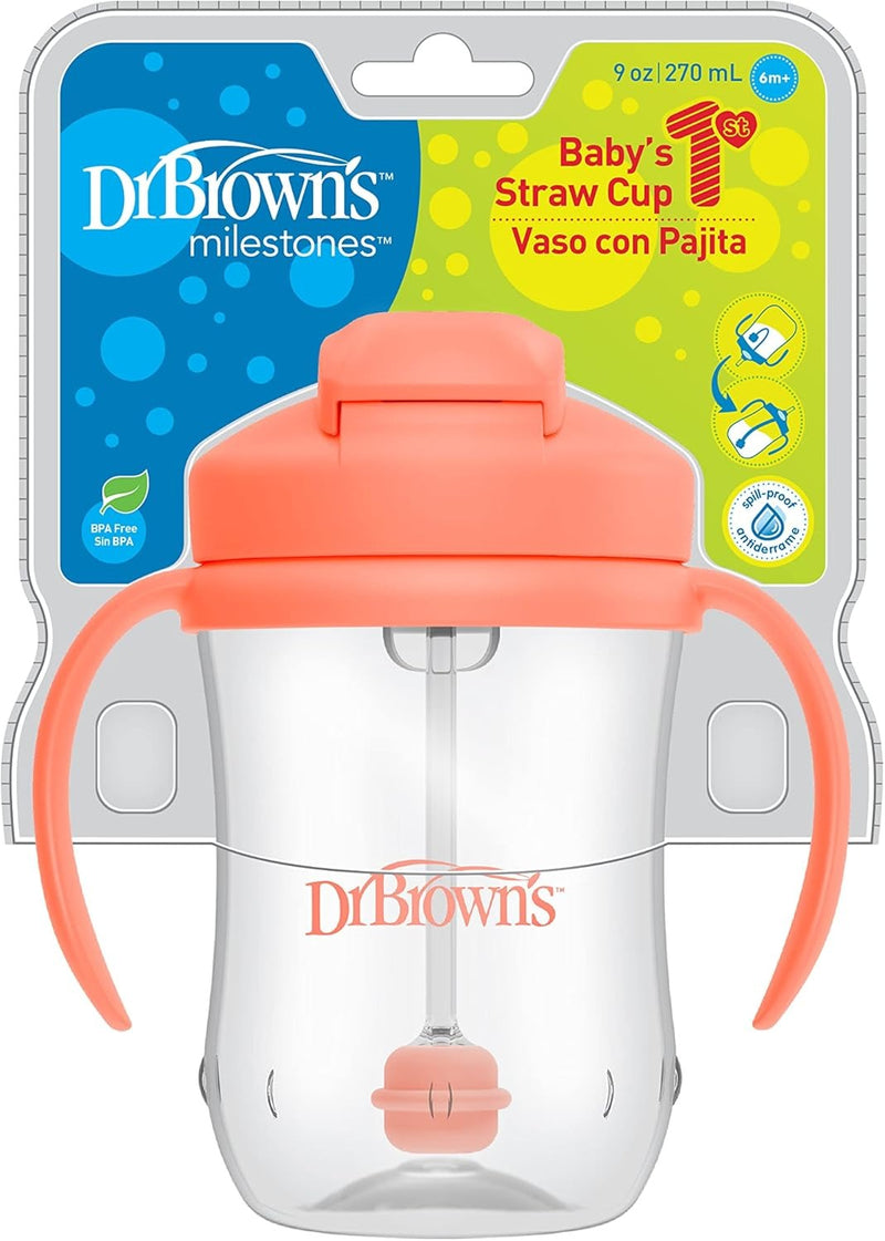 [2 Pack] Dr Brown's Baby's First Straw Cup w/ Handles, 6m+ 9oz/270ml - 5 Colors