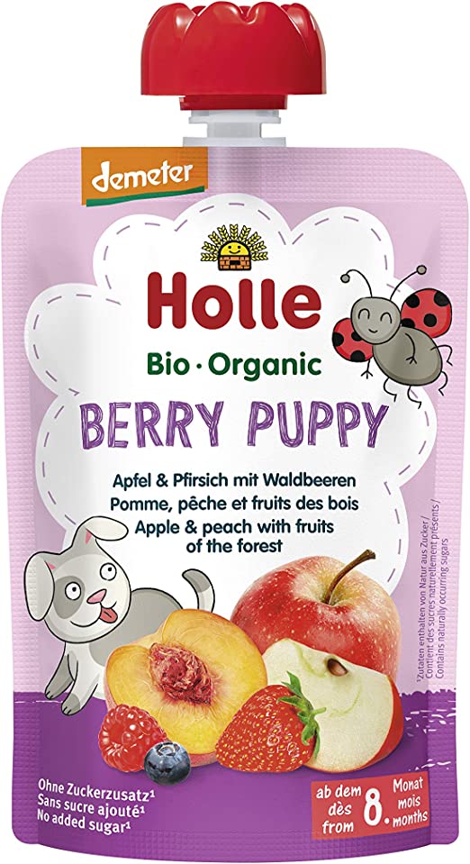 (Bundle of 6) Holle Organic Pouch - Berry Puppy - Apple & Peach with Fruits of the Forest 100g - From 8 Months