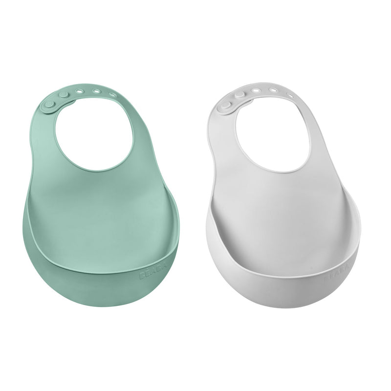 Beaba Set of 2 Silicone Bib - Sage Green/Light Grey